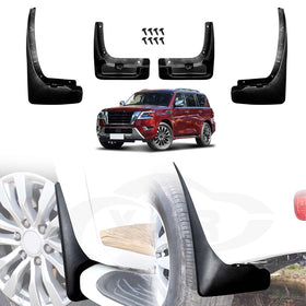 X-CAR mud flaps for Nissan Patrol Y62 Series, installed on the vehicle bottom next to eh wheels.