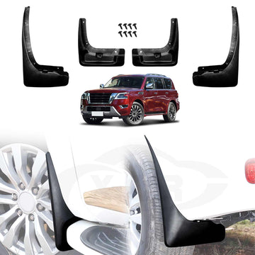 X-CAR mud flaps for Nissan Patrol Y62 Series, installed on the vehicle bottom next to eh wheels.