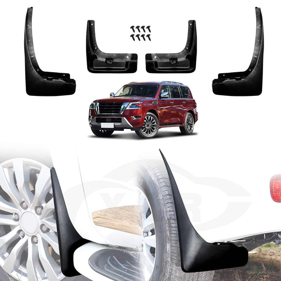 X-CAR mud flaps for Nissan Patrol Y62 Series, installed on the vehicle bottom next to eh wheels.