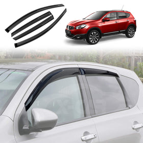 A set of dark-colored weather shields for a vehicle, displayed on the windows of a white Nissan Dualis. Another image shows a red Nissan Dualis with the weather shields installed.