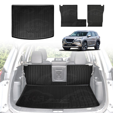 X-CAR boot liner and back seat protectors set for a Nissan X-Trail T33 7-seat SUV, shown both as individual pieces and installed inside the open trunk of the vehicle.