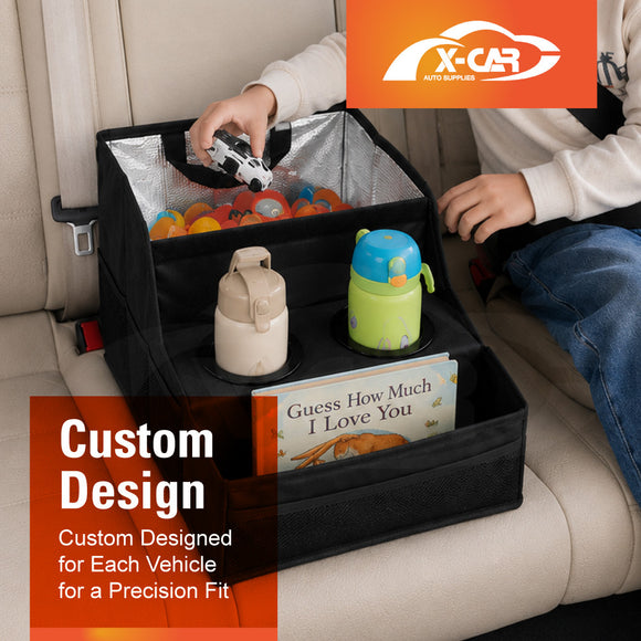 Back Seat Cooler Storage Box with Dual Cup Holders Foldable Insulated Rear Armrest Organiser