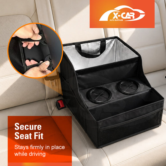 Back Seat Cooler Storage Box with Dual Cup Holders Foldable Insulated Rear Armrest Organiser