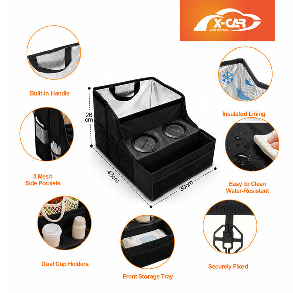 Back Seat Cooler Storage Box with Dual Cup Holders Foldable Insulated Rear Armrest Organiser