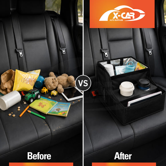 Back Seat Cooler Storage Box with Dual Cup Holders Foldable Insulated Rear Armrest Organiser