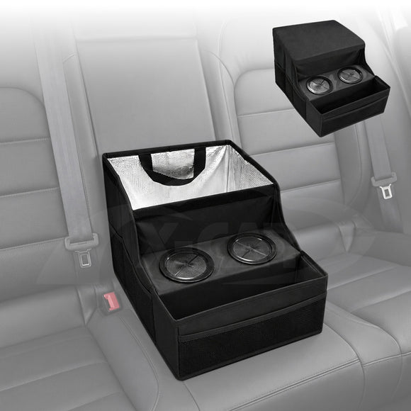 Back Seat Cooler Storage Box with Dual Cup Holders Foldable Insulated Rear Armrest Organiser
