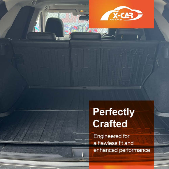 X-CAR boot liner and back seat protectors set for a Subaru Outback installed in the Outback cargo area.