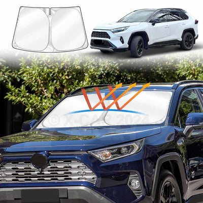 A clear X-CAR windscreen sun shade designed for a Toyota RAV4, showing the outline of the shade on the windshield of the vehicle.