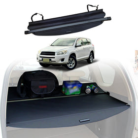 X-CAR Retractable cargo cover displayed in both retracted and extended states, with the latter showing the cover protecting items in the trunk of a Toyota RAV4.