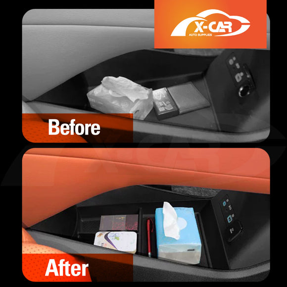 Before and after comparison of X-CAR lower centre console tray being installed in BYD SEALION 8.