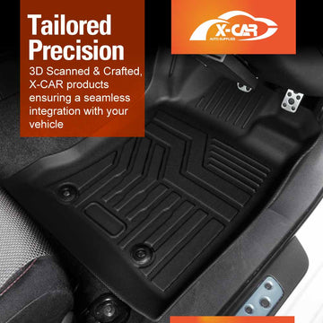 Custom-fit 3D all-weather floor mat installed in Subaru BRZ interior, X-CAR branded, showing raised edges and precision fit
