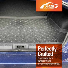 Subaru BRZ rear boot liner installed in trunk, showing custom-fit raised edges and textured surface for cargo protection