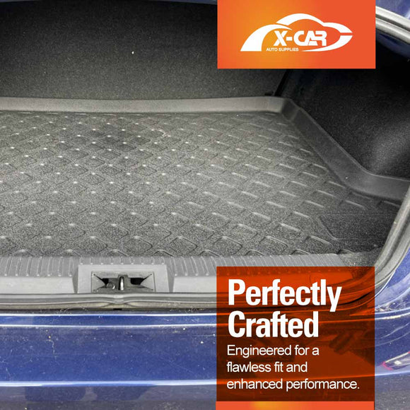 Subaru BRZ rear boot liner installed in trunk, showing custom-fit raised edges and textured surface for cargo protection