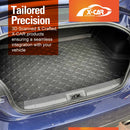 Custom-fit boot liner installed in Subaru BRZ trunk, featuring raised edges and textured surface for cargo protection.