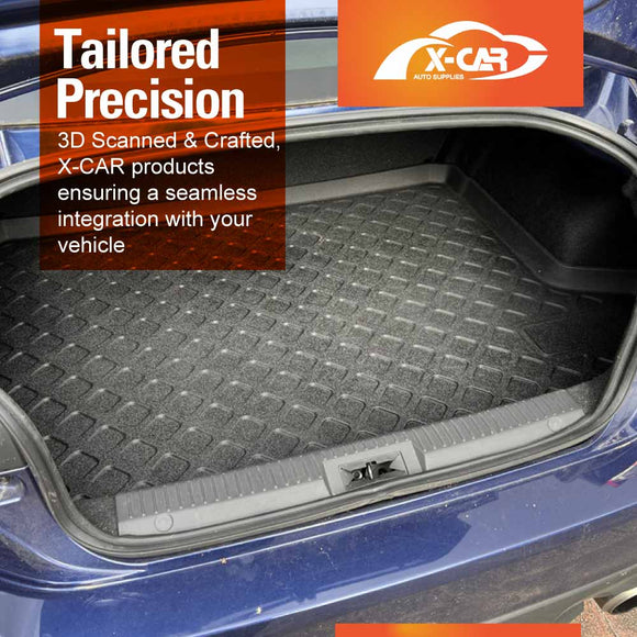 Custom-fit boot liner installed in Subaru BRZ trunk, featuring raised edges and textured surface for cargo protection.