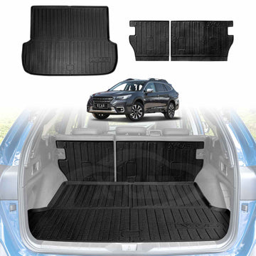 X-CAR boot liner and back seat protectors set for a Subaru Outback installed in the Outback cargo area.