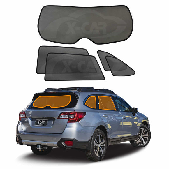 X-CAR window sunshade set for rear windows and rear windscreen windows of Subaru Outback 2015-2020 installed on the Outback's windows.