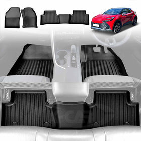 3D floor mats designed for a Toyota C-HR CHR, displayed in black color for the entire set including front and second row mats.