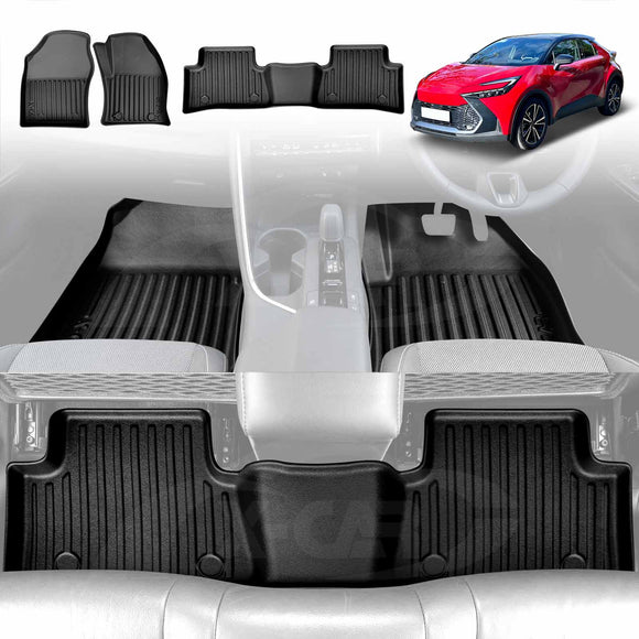 3D floor mats designed for a Toyota C-HR CHR, displayed in black color for the entire set including front and second row mats.