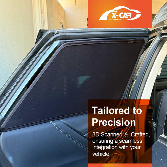 X-CAR custom window sun shades designed for Subaru Outback installed on the rear window of an Outback.