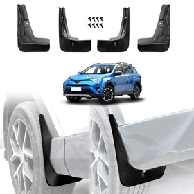 Toyota RAV4 2013ï¿½ï¿½ï¿½2018 X-CAR mud flaps set with mounting screws, shown installed on blue RAV4 and close-up of rear splash g