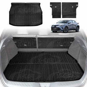 X-CAR Toyota CHR trunk cargo mat with rear seat back covers, black custom-fit boot liner installed in vehicle