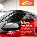 A red car with black X-CAR window visors installed along the rear side windows. The image includes an orange X-CAR Auto Suppliers logo in the top right and a red text box with white text reading 'Tailored Precision' and '3D Scanned & Crafted X-CAR products ensuring a seamless integration with your vehicle.