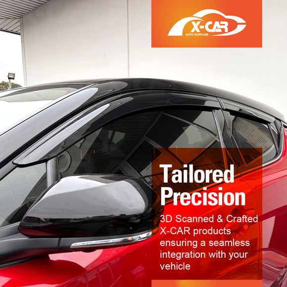 A red car with black X-CAR window visors installed along the rear side windows. The image includes an orange X-CAR Auto Suppliers logo in the top right and a red text box with white text reading 'Tailored Precision' and '3D Scanned & Crafted X-CAR products ensuring a seamless integration with your vehicle.