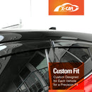 Close-up of a glossy black car roof and window area with a visible wiper, overlaid with orange text reading 'Custom Fit' and an X-CAR Auto Suppliers logo in the top right.