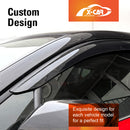 Close-up of a black car window visor installed on a vehicle, with text reading 'Custom Design' and an orange X-CAR Auto Supplies logo in the top right.