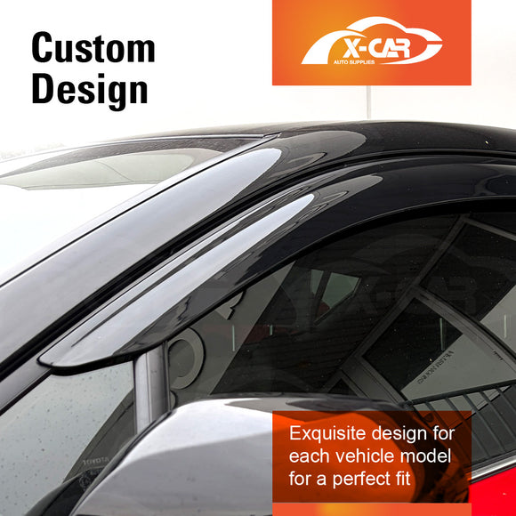 Close-up of a black car window visor installed on a vehicle, with text reading 'Custom Design' and an orange X-CAR Auto Supplies logo in the top right.