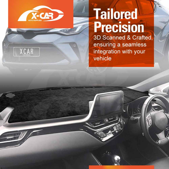 Car dashboard with X-Car auto supplies logo and text about 3D scanning and crafting.