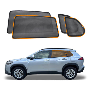 Magnetic snap-on window sun shades for Toyota Corolla Cross displayed alongside the vehicle they fit.