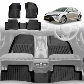 A set of black 3D floor mats designed for a Toyota Corolla Sedan, displayed in the context of the car's interior.