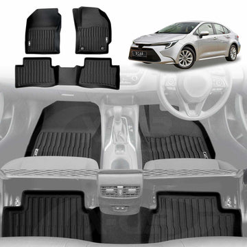 A set of black 3D floor mats designed for a Toyota Corolla Sedan, displayed in the context of the car's interior.