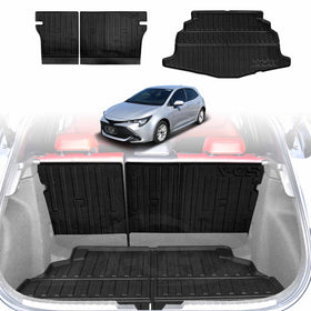 Custom fit black boot liner and back seat protector for a Toyota Corolla Hatchback, displayed in the cargo area of the car.