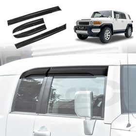A set of window visors for a Toyota FJ Cruiser, displayed on a white background, along with images showing the visors installed on the vehicle.