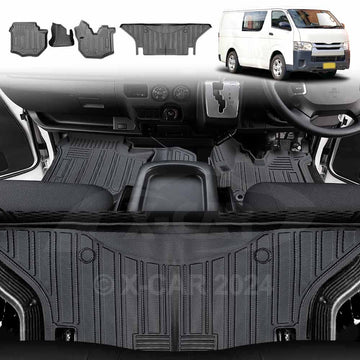 3D all-weather floor mats installed in a Toyota Hiace LWB van, showcasing the front and second row pieces.