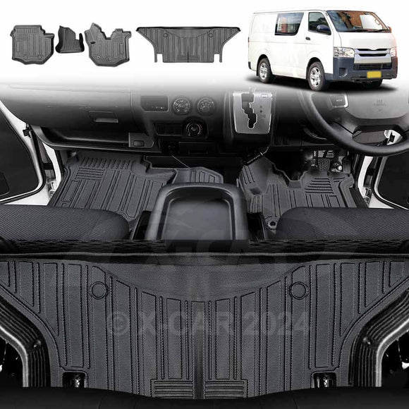 3D all-weather floor mats installed in a Toyota Hiace LWB van, showcasing the front and second row pieces.