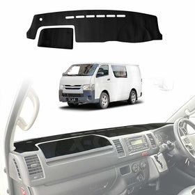 A black dash mat designed for a Toyota Hiace LWB Van, shown both as a standalone item and placed in the interior of a white Toyota Hiace LWB Van.