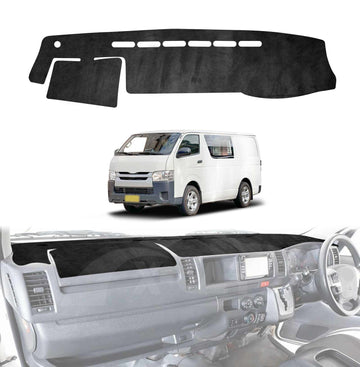 A black dash mat designed for a Toyota Hiace SLWB Van, displayed in the interior of the vehicle to show fit and layout.