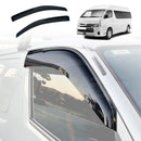 A set of two dark tinted side window visors for a Toyota Hiace van, displayed on the side windows of the vehicle.