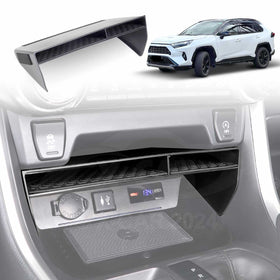 An image showing the center console organizer tray for a Toyota RAV4, with a depiction of the X-CAR tray fitted into the car's center console and the car itself in the background.