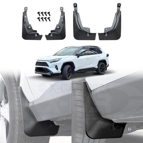 Set of four black X-CAR mud flaps for a Toyota Rav4, including mounting screws, displayed alongside a white Rav4 for context.