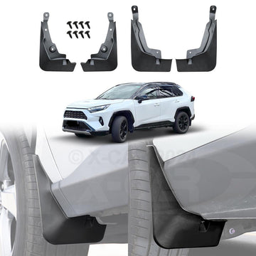 Set of four black X-CAR mud flaps for a Toyota Rav4, including mounting screws, displayed alongside a white Rav4 for context.