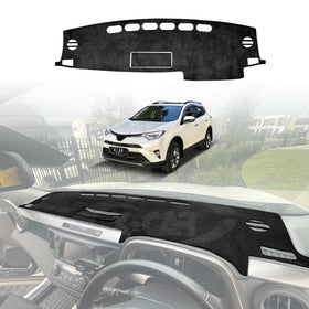 Black dashboard cover mat for Toyota RAV4 2013–2018 displayed above and installed on the dashboard interior, with a white SUV shown in the background.
