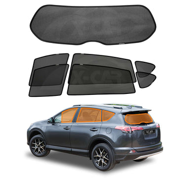 A set of X-CAR window sun shades designed for a Toyota Rav4, including shades for the rear windscreen and ports windows, displayed alongside an image of the vehicle where they would be installed.