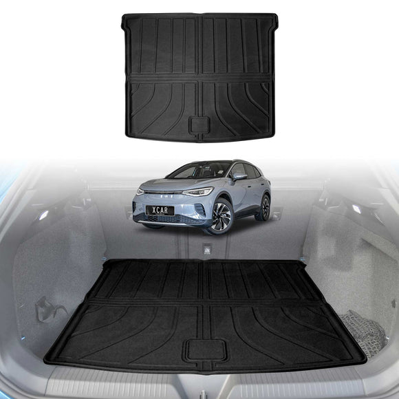 All-weather rear trunk boot liner for Volkswagen ID4, shown as custom-fit black cargo mat and installed in vehicle boot.