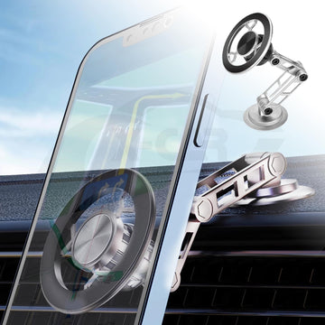 Foldable Magnetic MagSafe Phone Holder for iPhone and Android Adjustable Dashboard & Windshield Mount with Alloy Construction