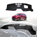 A black dashboard cover mat designed for a Mazda CX5 CX-5, displayed in a position on a white background with a representation of the mat installed on the dashboard of the vehicle.